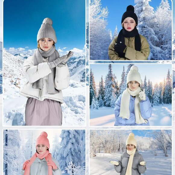 Winter Beanie Hat Scarf Gloves Set for Women, Fleece Knit Pompom Beanie Neck War - Picture 6 of 7